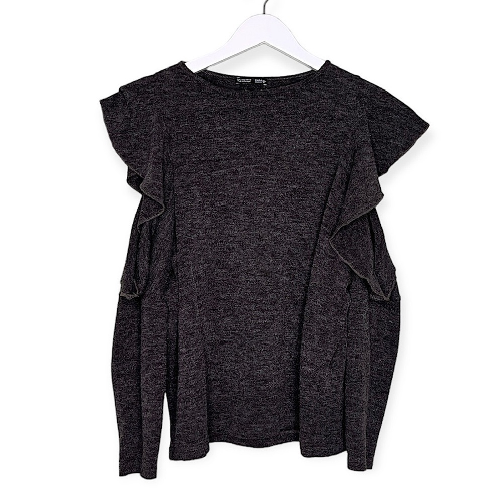 Zara Women’s Cold Shoulder Crew Neck Ruffle Long Sleeve Knit Top Dark Grey Large